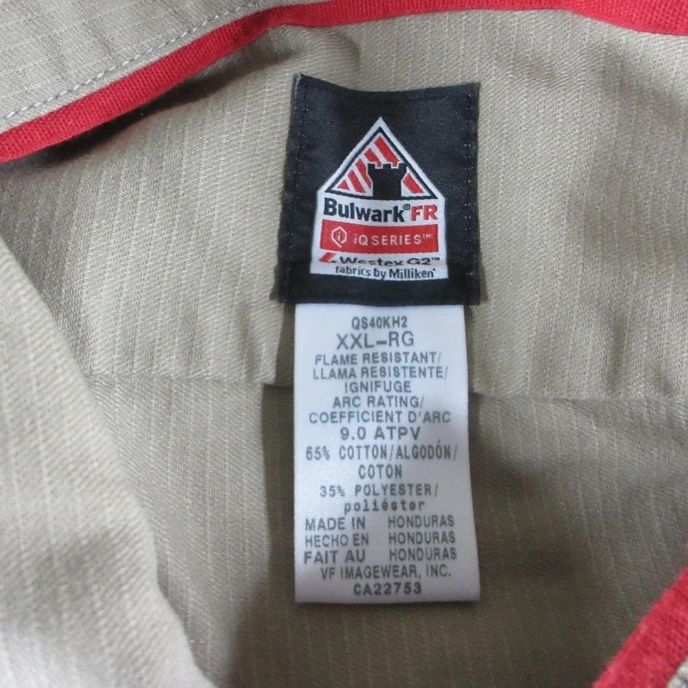 Bulwark FR Shirt Mens 2XL Beige‎ Flame Resistant Long Sleeve Button Up Workwear